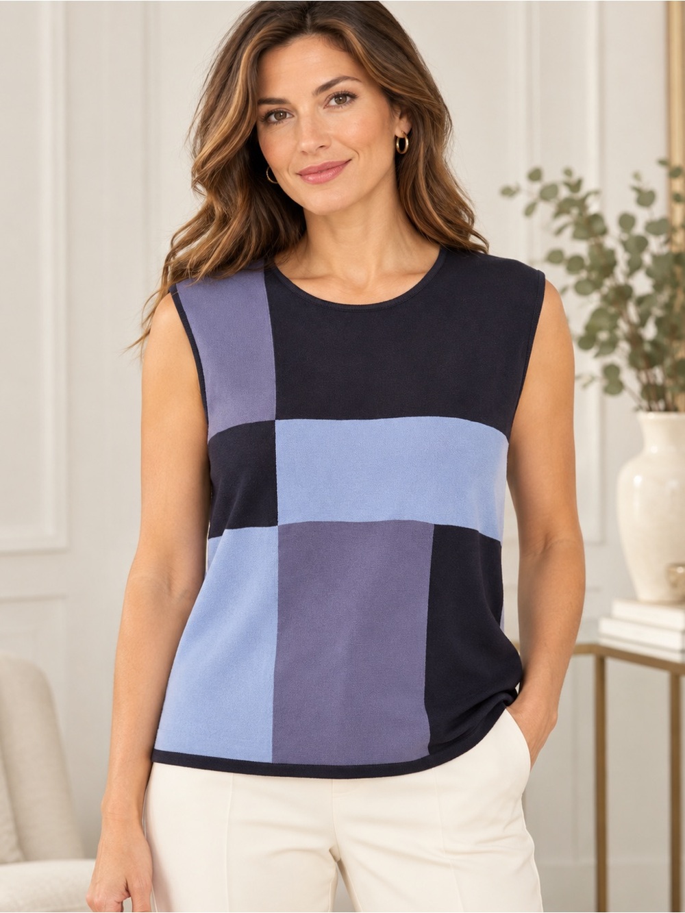 Jones New York Colorblock Sleeveless Knit Top XL Blue Purple